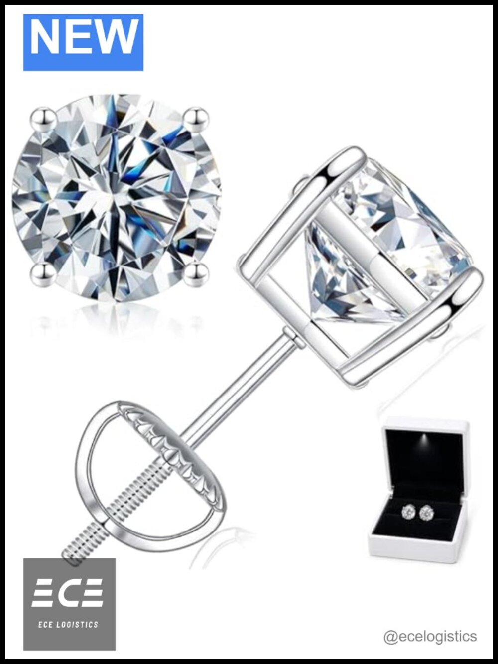 Moissanite Stud Earrings Screw Back 925 Sterling Silver 2.4 cttw